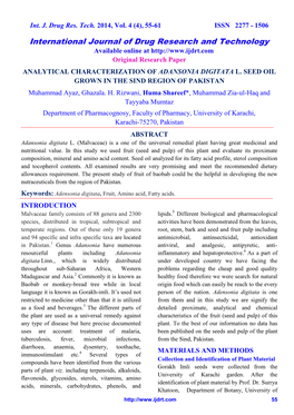 ANALYTICAL CHARACTERIZATION of ADANSONIA DIGITATA L. SEED OIL GROWN in the SIND REGION of PAKISTAN Muhammad Ayaz, Ghazala