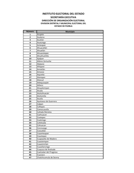 Instituto Electoral Del Estado Secretaría Ejecutiva Dirección De Organización Electoral Division Distrital Y Municipal Electoral Del Estado De Puebla