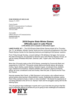 2019 Empire State Winter Games Officially Open in Lake Placid 2,100 Athletes Set to Compete in Adirondack Region LAKE PLACID, N.Y