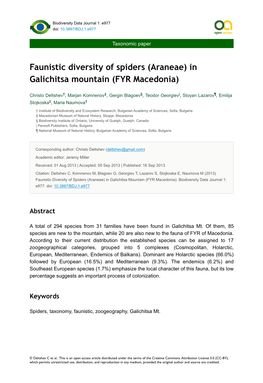 Faunistic Diversity of Spiders (Araneae) in Galichitsa Mountain (FYR Macedonia)