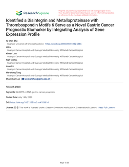 Identi Ed a Disintegrin and Metalloproteinase with Thrombospondin Motifs 6 Serve As a Novel Gastric Cancer Prognostic Biomarker