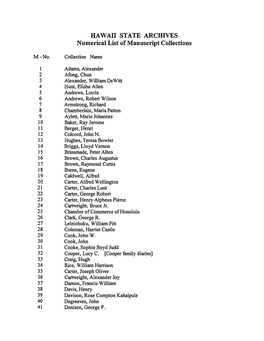 HAWAII STATE ARCHIVES Numerical List of Manuscript Collections