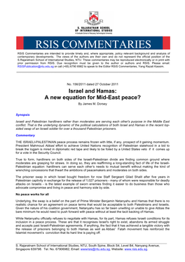 RSIS COMMENTARIES RSIS Commentaries Are Intended to Provide Timely And, Where Appropriate, Policy Relevant Background and Analysis of Contemporary Developments