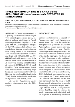 INVESTIGATION of the 18S RRNA GENE SEQUENCE of Hepatozoon Canis DETECTED in INDIAN DOGS