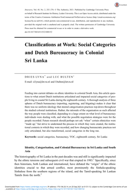 Social Categories and Dutch Bureaucracy in Colonial Sri Lanka