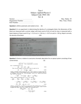 Applied Physics I Subject Code: PHY-106 Set: a Section: …………………………