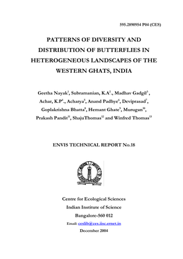 Patterns of Diversity and Distribution of Butterflies in Heterogeneous Landscapes of the W Estern Ghats, India
