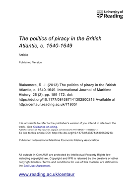 The Politics of Piracy in the British Atlantic, C. 1640-1649