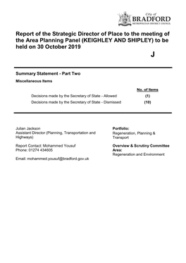 KEIGHLEY and SHIPLEY) to Be Held on 30 October 2019 J