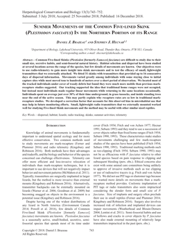 Summer Movements of the Common Five-Lined Skink (Plestiodon Fasciatus) in the Northern Portion of Its Range