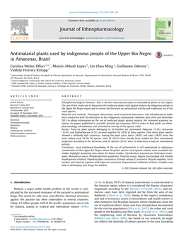 Antimalarial Plants Used by Indigenous People of the Upper Rio Negro in Amazonas, Brazil