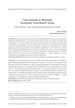 Celso Furtado As 'Romantic Economist'from Brazil's Sertão