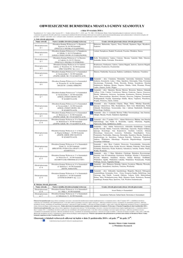 OBWIESZCZENIE BURMISTRZA MIASTA I GMINY SZAMOTUŁY Z Dnia 18 Września 2018 R