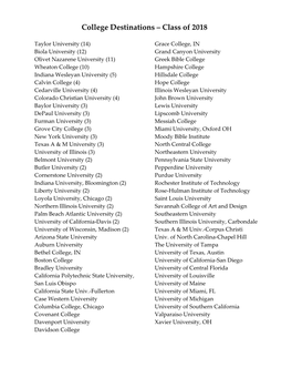 College Destinations – Class of 2018