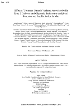 Effect of Common Genetic Variants Associated with Type 2 Diabetes and Glycemic Traits on Α� and Β�Cell Function and Insulin Action in Man