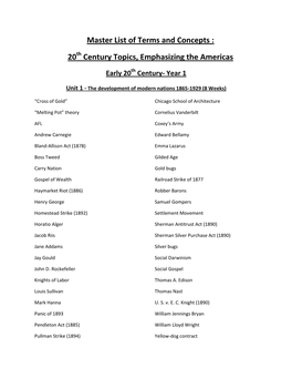 Master List of Terms and Concepts : 20 Century Topics, Emphasizing the Americas