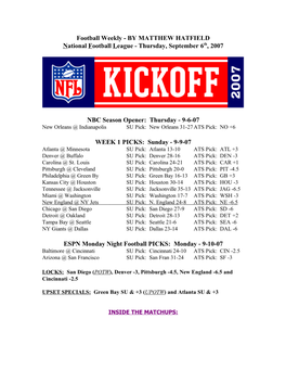 Football Weekly - by MATTHEW HATFIELD National Football League - Thursday, September 6Th, 2007