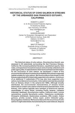 Historical Status of Coho Salmon in Streams of the Urbanized San Francisco Estuary, California