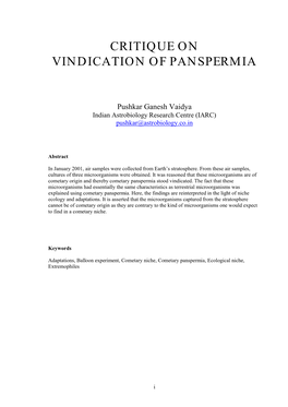 Critique on Vindication of Panspermia