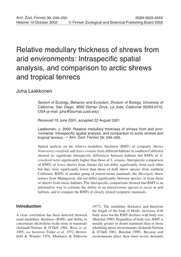 Relative Medullary Thickness of Shrews from Arid Environments: Intraspeciﬁ C Spatial Analysis, and Comparison to Arctic Shrews and Tropical Tenrecs