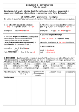 DOCUMENT 4 – SKYSCRAPERS Fiche De Travail Consignes De Travail : À L'aide Des Informations De La Fiche « Document 4- Skys