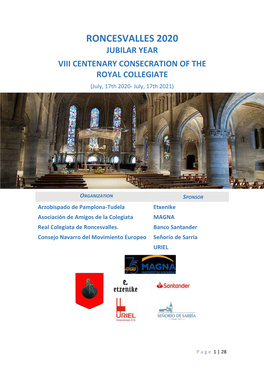 RONCESVALLES 2020 JUBILAR YEAR VIII CENTENARY CONSECRATION of the ROYAL COLLEGIATE (July, 17Th 2020- July, 17Th 2021)