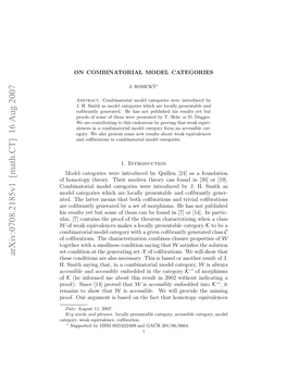 Arxiv:0708.2185V1 [Math.CT] 16 Aug 2007 Ro.Oragmn Sbsdo H Atta Oooyequivalen Homotopy That Fact the on Based Is Argument Our Proof