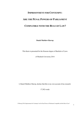 Imprisonment for Contempt: Are the Penal Powers of Parliament Compatible with the Rule of Law? I