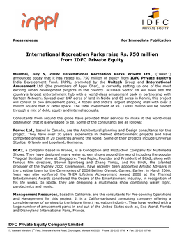 International Recreation Parks Raises INR 750 Million from IDFC Private