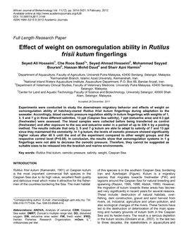 Effect of Weight on Osmoregulation Ability in Rutilus Frisii Kutum Fingerlings