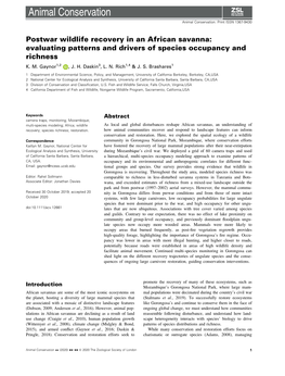 Postwar Wildlife Recovery in an African Savanna: Evaluating Patterns and Drivers of Species Occupancy and Richness K