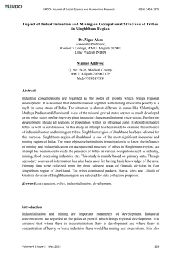 Impact of Industrialisation and Mining on Occupational Structure of Tribes in Singhbhum Region