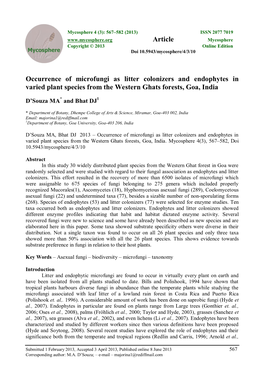 Occurrence of Microfungi As Litter Colonizers and Endophytes in Varied Plant Species from the Western Ghats Forests, Goa, India