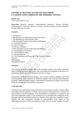 Chemical Matter: Elements and Their Classification Through the Periodic System - Renato Ugo