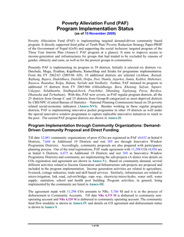 Poverty Alleviation Fund (PAF) Program Implementation Status (As of 15 November 2009)