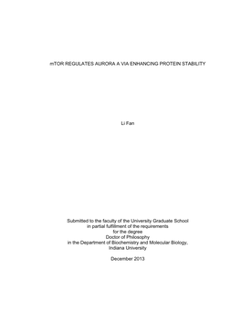 Mtor REGULATES AURORA a VIA ENHANCING PROTEIN STABILITY