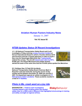 Aviation Human Factors Industry News January 11, 2007 NTSB