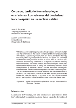 Cerdanya, Territorio Fronterizo Y Lugar En Sí Mismo. Los Vaivenes Del Borderland Franco-Español En Un Enclave Catalán