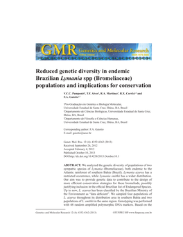 Reduced Genetic Diversity in Endemic Brazilian Lymania Spp (Bromeliaceae) Populations and Implications for Conservation