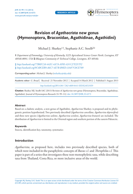 Hymenoptera, Braconidae, Agathidinae, Agathidini) 99 Doi: 10.3897/JHR.33.4373 Research Article