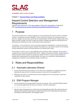 Hazard Control Selection and Management Requirements