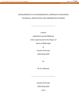 Development of an Experimental Approach to Measure Vitamin B12 Production and Absorption in Sheep