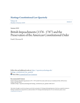 British Impeachments (1376 - 1787) and the Preservation of the American Constitutional Order Frank O