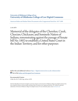 Memorial of the Delegates of the Cherokee, Creek, Choctaw, Chickasaw, and Seminole Nation of Indians, Remonstrating Against the Passage of Senate Bill No