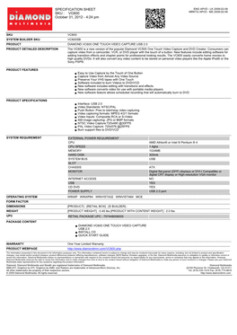 SPECIFICATION SHEET SKU : VC600 October 31, 2012