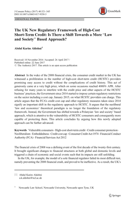 The UK New Regulatory Framework of High-Cost Short-Term Credit: Is There a Shift Towards a More “Law and Society” Based Appr