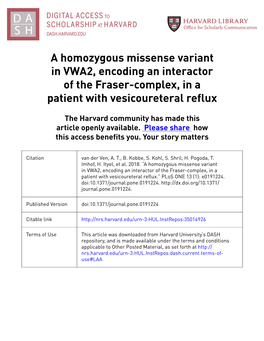 A Homozygous Missense Variant in VWA2, Encoding an Interactor of the Fraser-Complex, in a Patient with Vesicoureteral Reflux