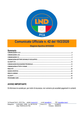 Comunicato Ufficiale N. 42 Del 19/2/2020