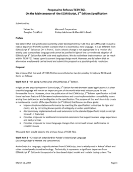 Proposal to Refocus TC39-TG1 on the Maintenance of the Ecmascript, 3 Edition Specification