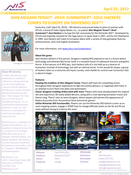 DEVIL SUMMONER®: SOUL HACKERS COMES to EUROPE on NINTENDO 3DS™! Santa Ana, Calif